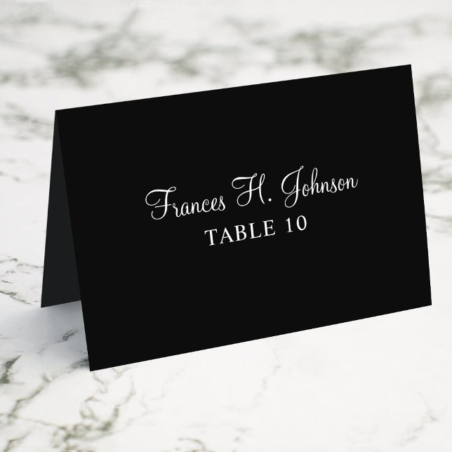 Schwarz-Weiß-Elegante-Kalligraphie-Platzkarten Tischnummer (Fold Your Own Individually Customized Place Cards)