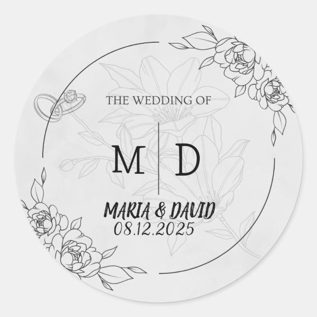 "Schwarz-Weiß-Elegante Minimalistische Hochzeit mi Runder Aufkleber (Vorderseite)