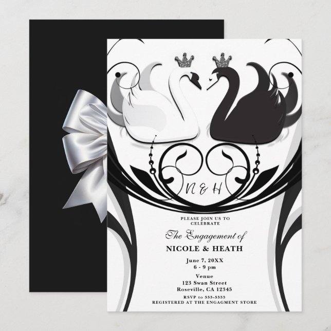 Schwarz-Weiß-Elegante Swan Princess-Verlobung Einladung (Vorne/Hinten)