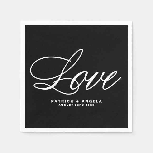 Schwarz-Weiß-Elegantenschrift | Liebe Hochzeit Serviette (Vorderseite)