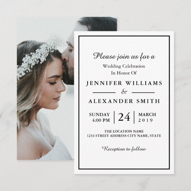Schwarz-Weiß-Elegantes Foto Einladung zur Hochzeit (Vorne/Hinten)