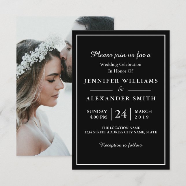 Schwarz-Weiß-Elegantes Foto Einladung zur Hochzeit (Vorne/Hinten)