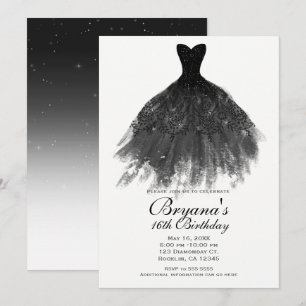 Schwarz & Weiß Elegantes Glam Dress Sweet 16 Party Einladung