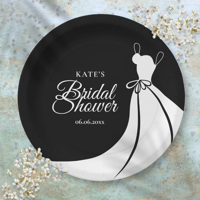 Schwarz-Weiß-Elegantes Gown-Brautparty Pappteller (Black and White Elegant Gown Bridal Shower Paper Plates)