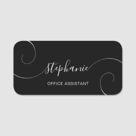 Schwarz-Weiß-Elegantes Skript Curly Job Titel Namensschild