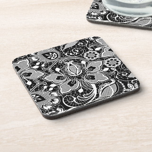 Schwarz-Weiß-Elegantes Vintages Blumendesign Getränkeuntersetzer (Linke Seite)