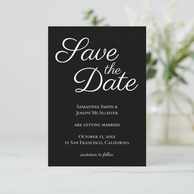 Schwarz-Weiß-Elegantkalligraphie Save the Date Einladung (Stehend Vorderseite)