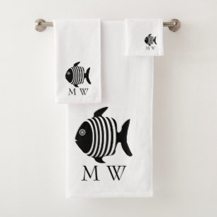 Schwarz-Weiß Engelsfisch Design Monogramm Badhandtuch Set