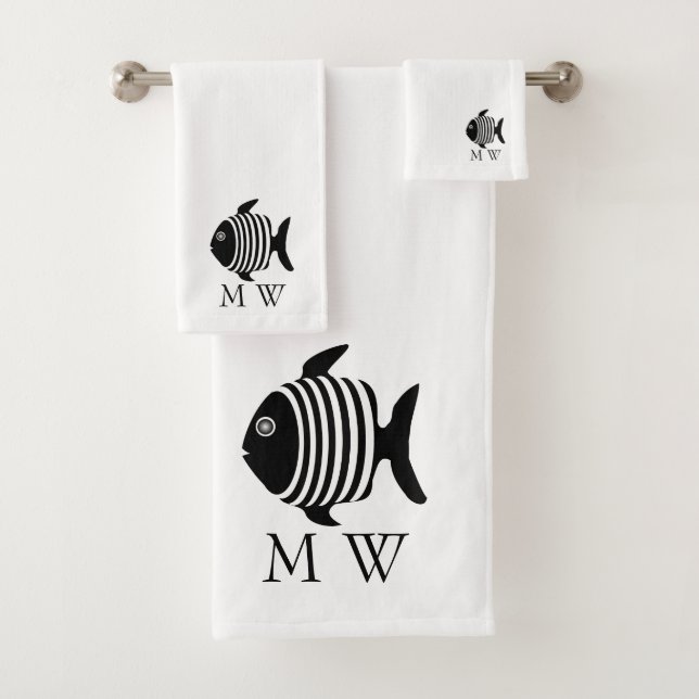 Schwarz-Weiß Engelsfisch Design Monogramm Badhandtuch Set (Insitu)