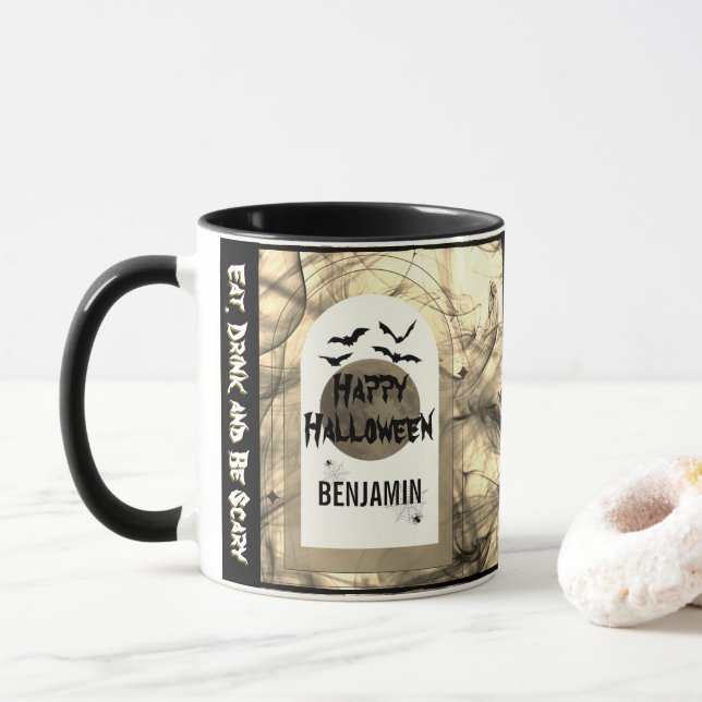 Schwarz-weiß essen Drink und Beängstigend glücklic Tasse (Mit Donut)