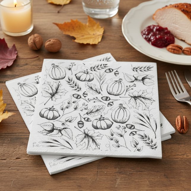 Schwarz-Weiß-Fall-Muster-Erntedank-Party Serviette (Elegant Fall Napkins Rustic Fall Harvest Pattern. Modern Black & White Pumpkin Autumn Leaves Berries)