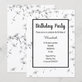 SCHWARZ-WEISS FALLENDE DANDELION BLUME GEBURTSTAG EINLADUNG