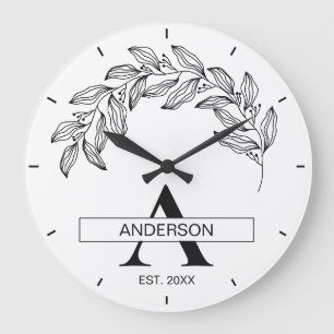 Schwarz-Weiß Familienname Monogrammiert Große Wanduhr