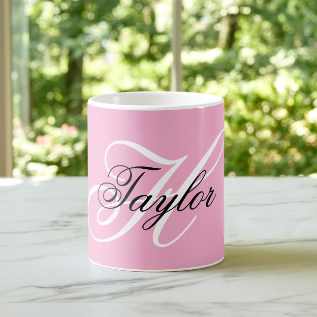 Schwarz-Weiß-Fancy-Monogramm Rosa Kaffeetasse (Black and White Fancy Monogram Pink Coffee Mug)