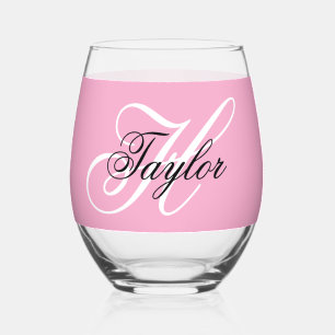 Schwarz-Weiß-Fancy-Monogramm Rosa Weinglas Ohne Stiel