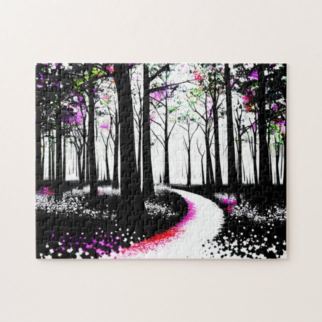 Schwarz-Weiß-Farbe mit Pink-Wald-Pfad (Horizontal)
