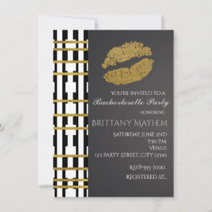 Schwarz Weiß & Faux Gold Beauty Lips Kiss Party Einladung