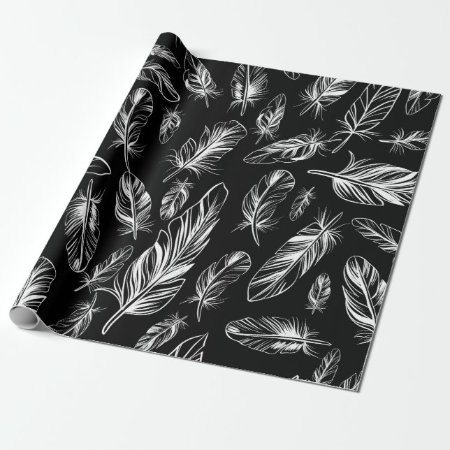 Schwarz-Weiß-Federn Geschenkpapier (Ungerollt)