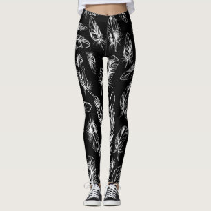 Schwarz-Weiß-Federn Leggings