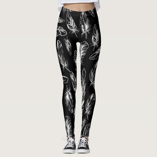 Schwarz-Weiß-Federn Leggings (Vorderseite)