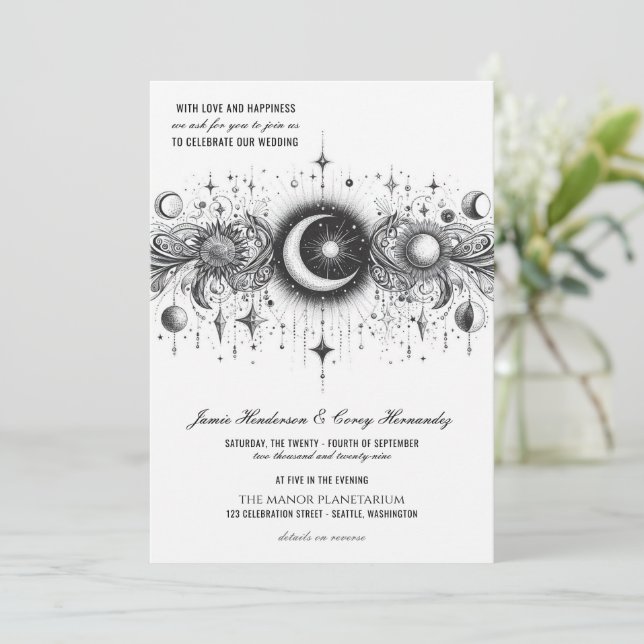 Schwarz-Weiß-Feier mit Details Hochzeit Einladung (Stehend Vorderseite)