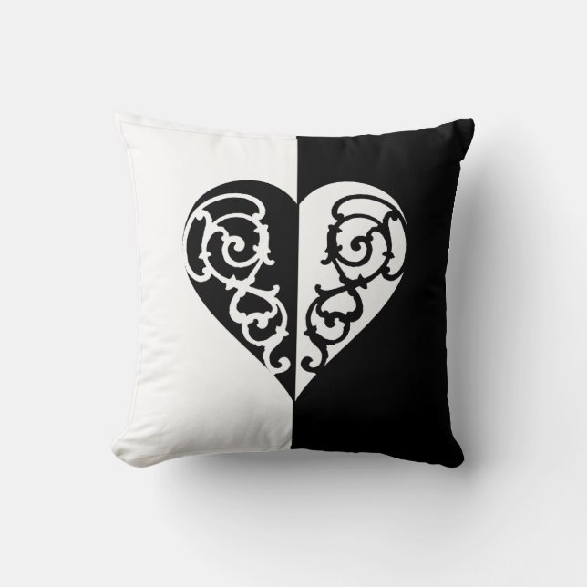 Schwarz & Weiß Filigree Herz Kissen (Vorderseite)