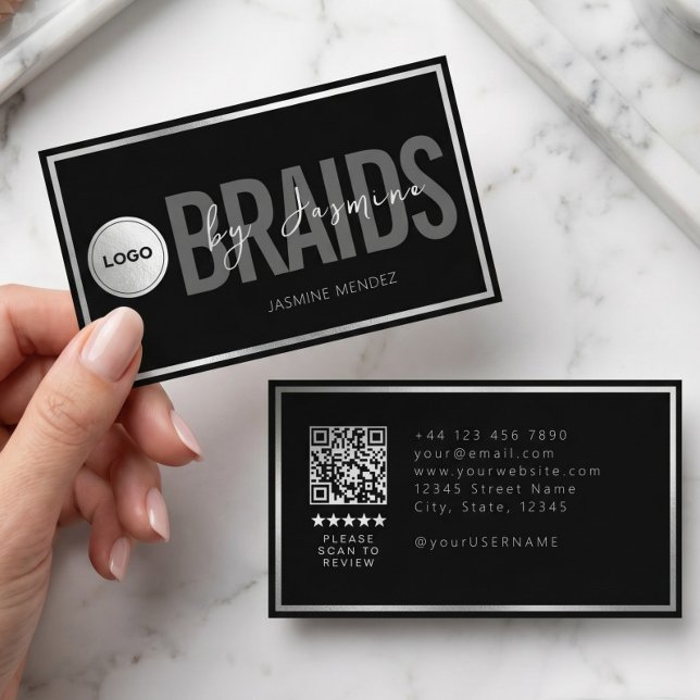 Schwarz-Weiß-Flechtsalon-QR-Code-Logo-Flechterin Visitenkarte (Von Creator hochgeladen)