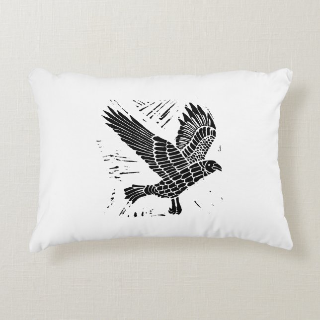 Schwarz-Weiß-Fliegenraven-Lino-Schnitt Dekokissen (Vorderseite)