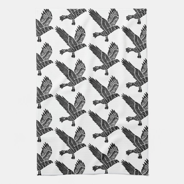 Schwarz-Weiß-Fliegenraven-Lino-Schnitt Geschirrtuch (Vertikal)