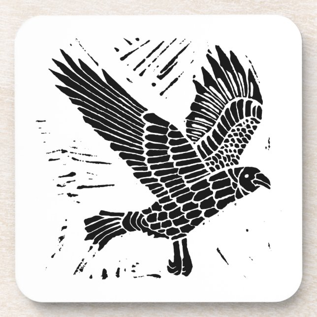 Schwarz-Weiß-Fliegenraven-Lino-Schnitt Getränkeuntersetzer (Vorderseite)