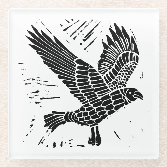 Schwarz-Weiß-Fliegenraven-Lino-Schnitt Glasuntersetzer (Vorderseite)