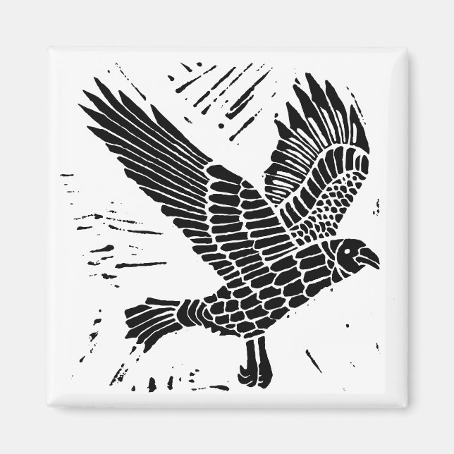 Schwarz-Weiß-Fliegenraven-Lino-Schnitt Magnet (Vorne)