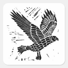 Schwarz-Weiß-Fliegenraven-Lino-Schnitt Quadratischer Aufkleber