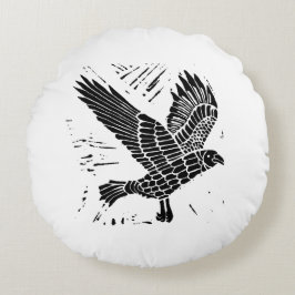 Schwarz-Weiß-Fliegenraven-Lino-Schnitt Rundes Kissen