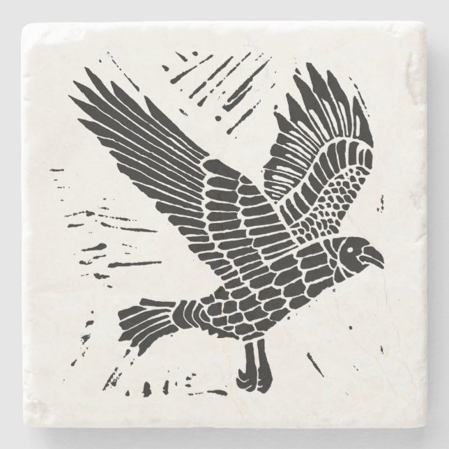 Schwarz-Weiß-Fliegenraven-Lino-Schnitt Steinuntersetzer (Vorderseite)