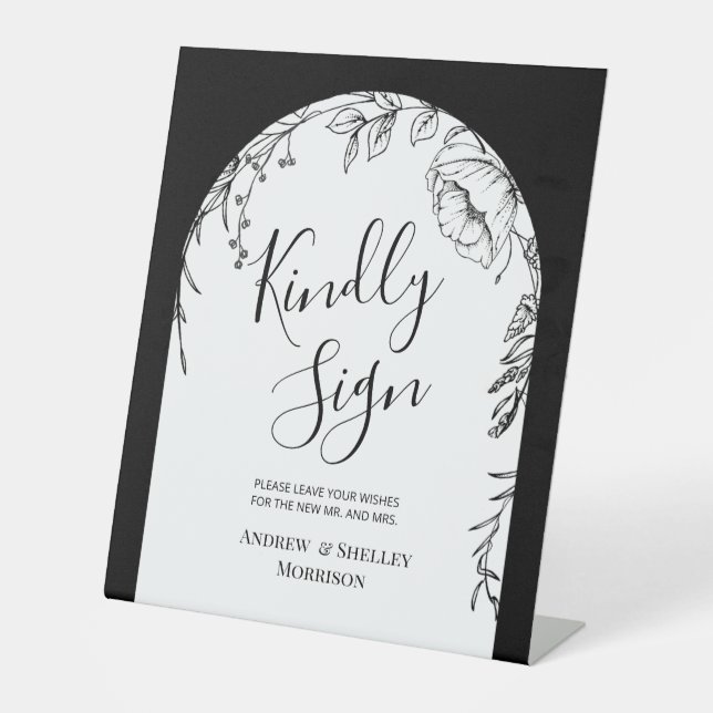 Schwarz-weiß Floral Kindly Sign Wedding Gästebuch Sockelschild (Vorderseite)