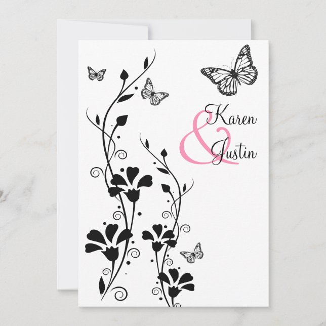 Schwarz-Weiß-Floral mit Schmetterlingen auf Leinen Einladung (Vorderseite)
