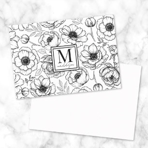 Schwarz Weiß Florales Monogramm Mitteilungskarte