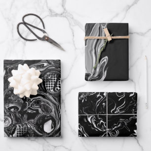 Schwarz-Weiß-Fluid-Kunst Moderne Abstrakt Geschenkpapier Set