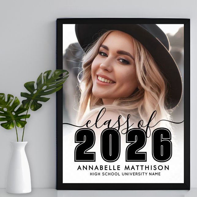 Schwarz-Weiß-Foto-Abschlussfeier-Schild Poster (Photo Black White Graduation Party Sign)