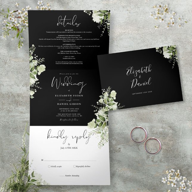 Schwarz-Weiß-Foto Dreifach Gefaltete Einladung (Black And White Botanical Greenery Photo Wedding Tri-Fold Invitation)