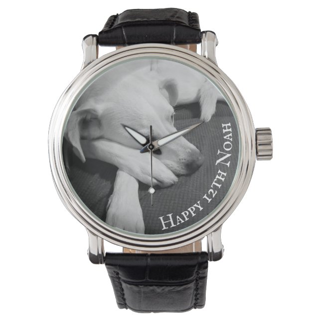 Schwarz-Weiß-Foto eines wunderschönen Hundeschlafe Armbanduhr (Vorderseite)