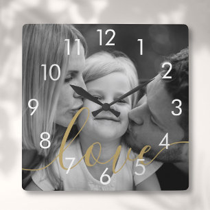 Schwarz-Weiß-Foto Goldschrift Liebe Quadratische Wanduhr