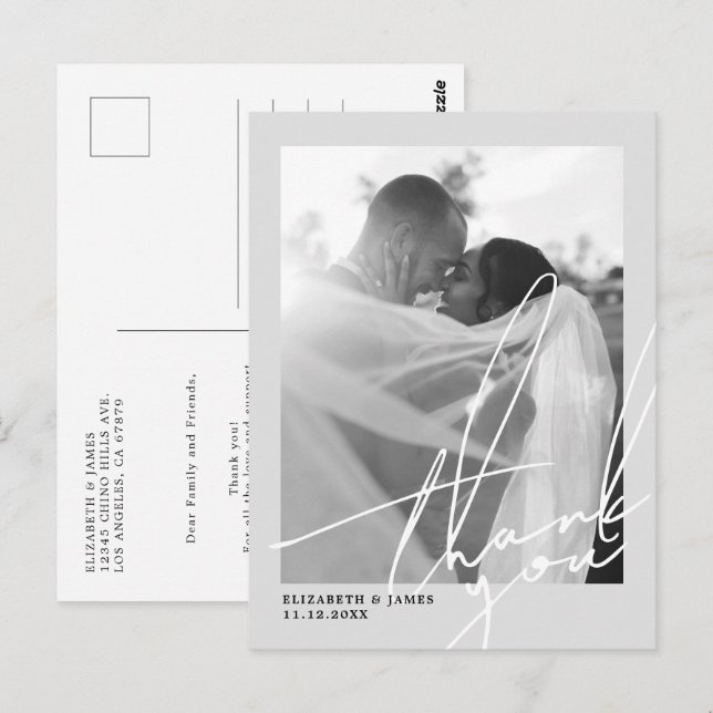 Schwarz-Weiß-Foto Hochzeit Danke Postkarte (Vorne/Hinten)