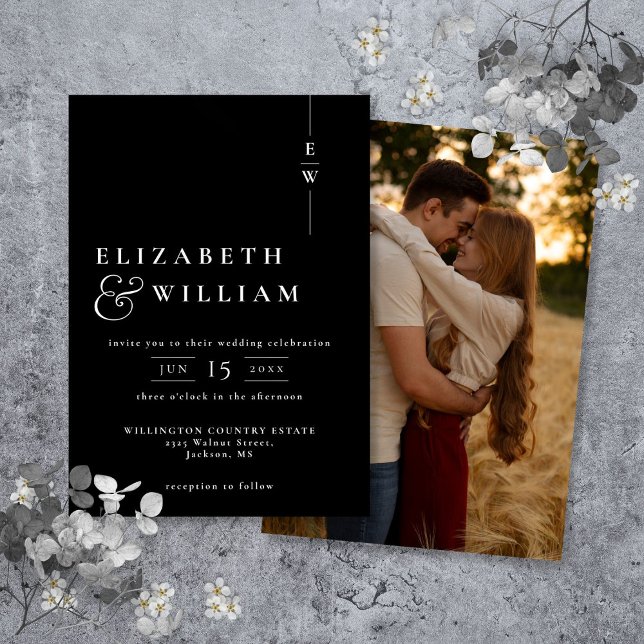 Schwarz-Weiß-Foto-Hochzeit Einladung (Black And White Modern Monogram Photo Wedding Invitation)