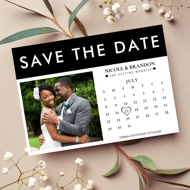 Schwarz-Weiß-Foto-Hochzeit Save The Date (Black & White Photo Calendar Wedding Save The Date)