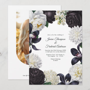 Schwarz-Weiß-Foto/QR-Code Florale Hochzeit Einladung