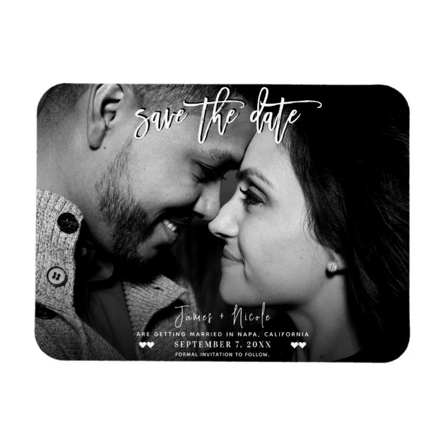 Schwarz-Weiß-Foto-Skript Save the Date Hochzeit Magnet (Horizontal)