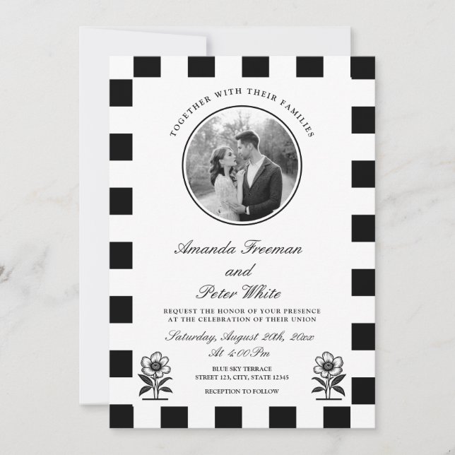 Schwarz-Weiß-Foto-Tafel Hochzeit Einladung (Vorderseite)