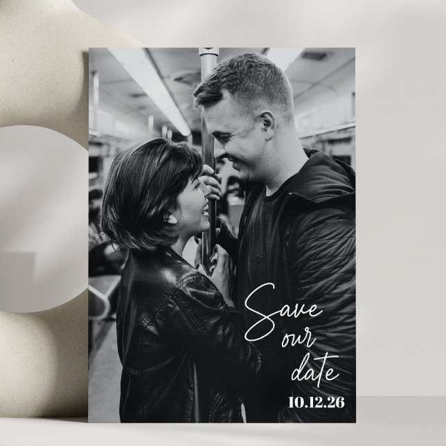 Schwarz-Weiß-Foto Trendy Script Moderne Hochzeit Save The Date (Von Creator hochgeladen)